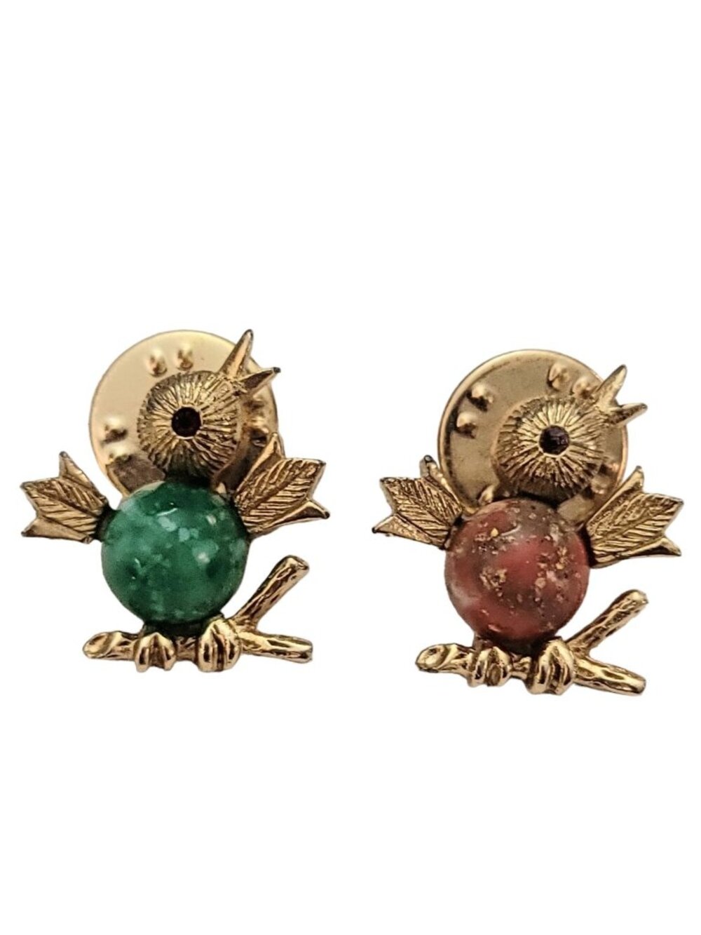 Sarah Coventry Gold Tone Orange And Green Bird Pair Lapel Pins, Signed K874